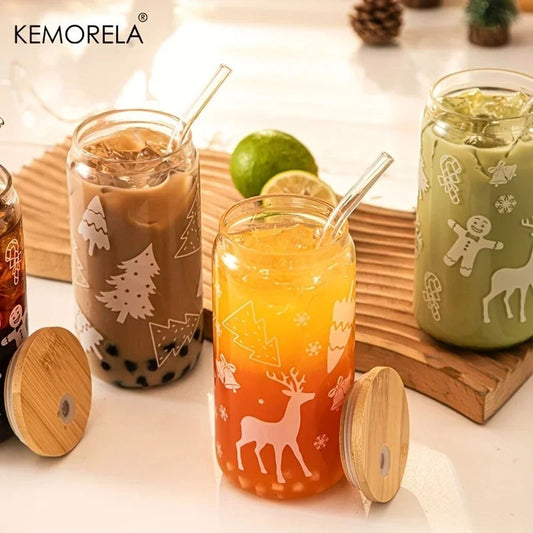 Christmas Glass Cup Beer Can Coffee Mug With Lid & Straw