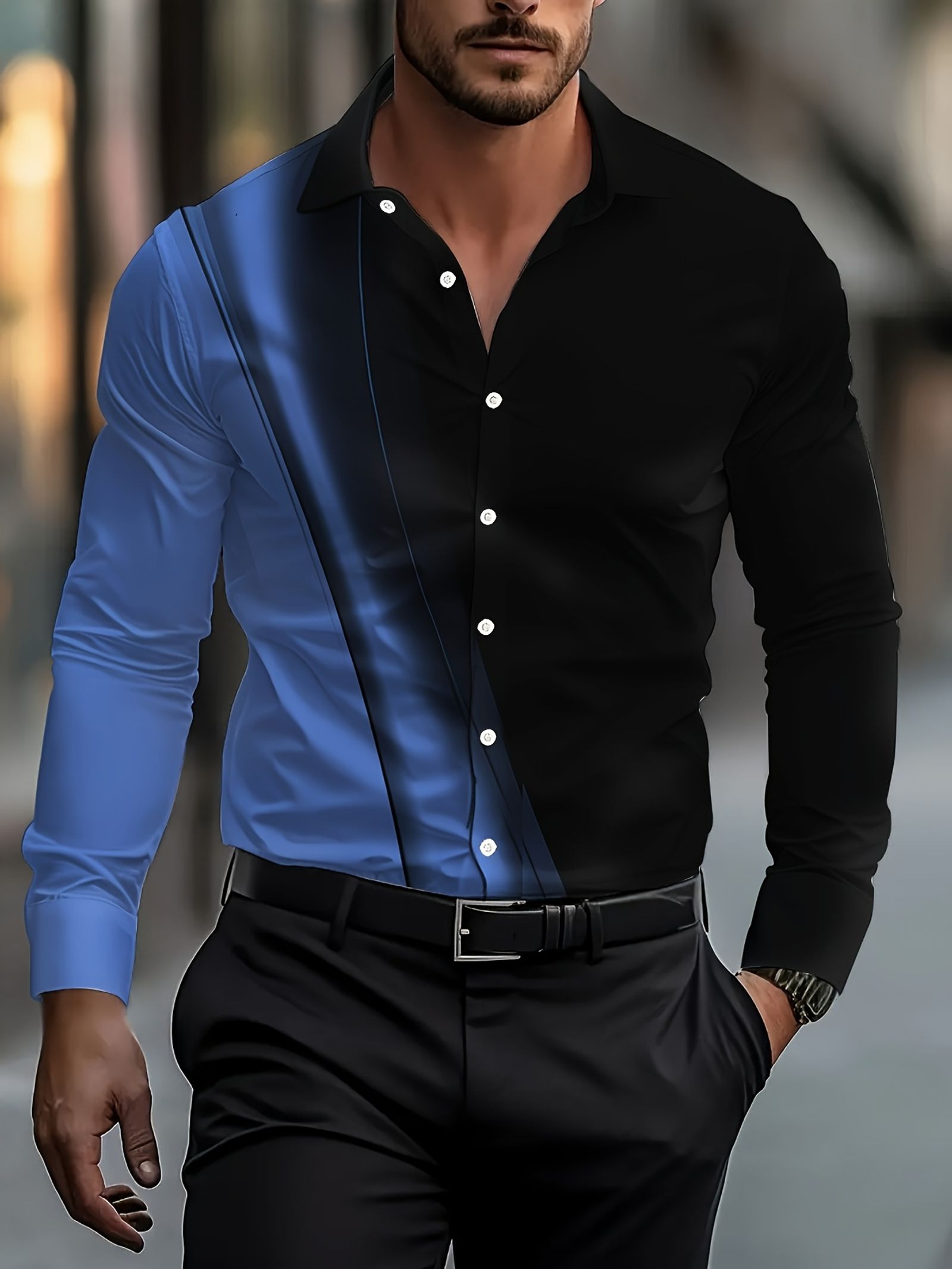 Men's Colorblocked Printed Button-Up Shirt
