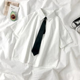 Women’s White Short Sleeve Lapel Blouse with Tie