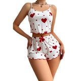 Womens 2PCS Heart Print Pajama Set - Sleeveless Crop Top & Shorts