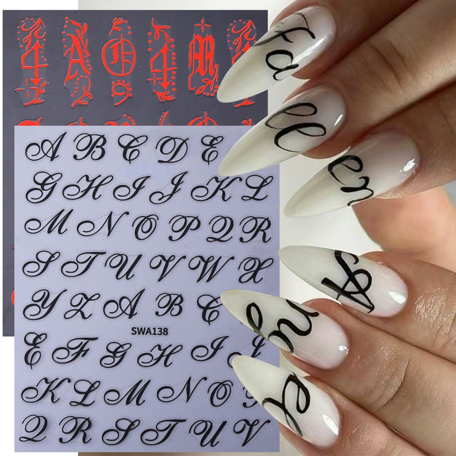 Gothic Letter Nail Stickers - 2pcs Black Red Design