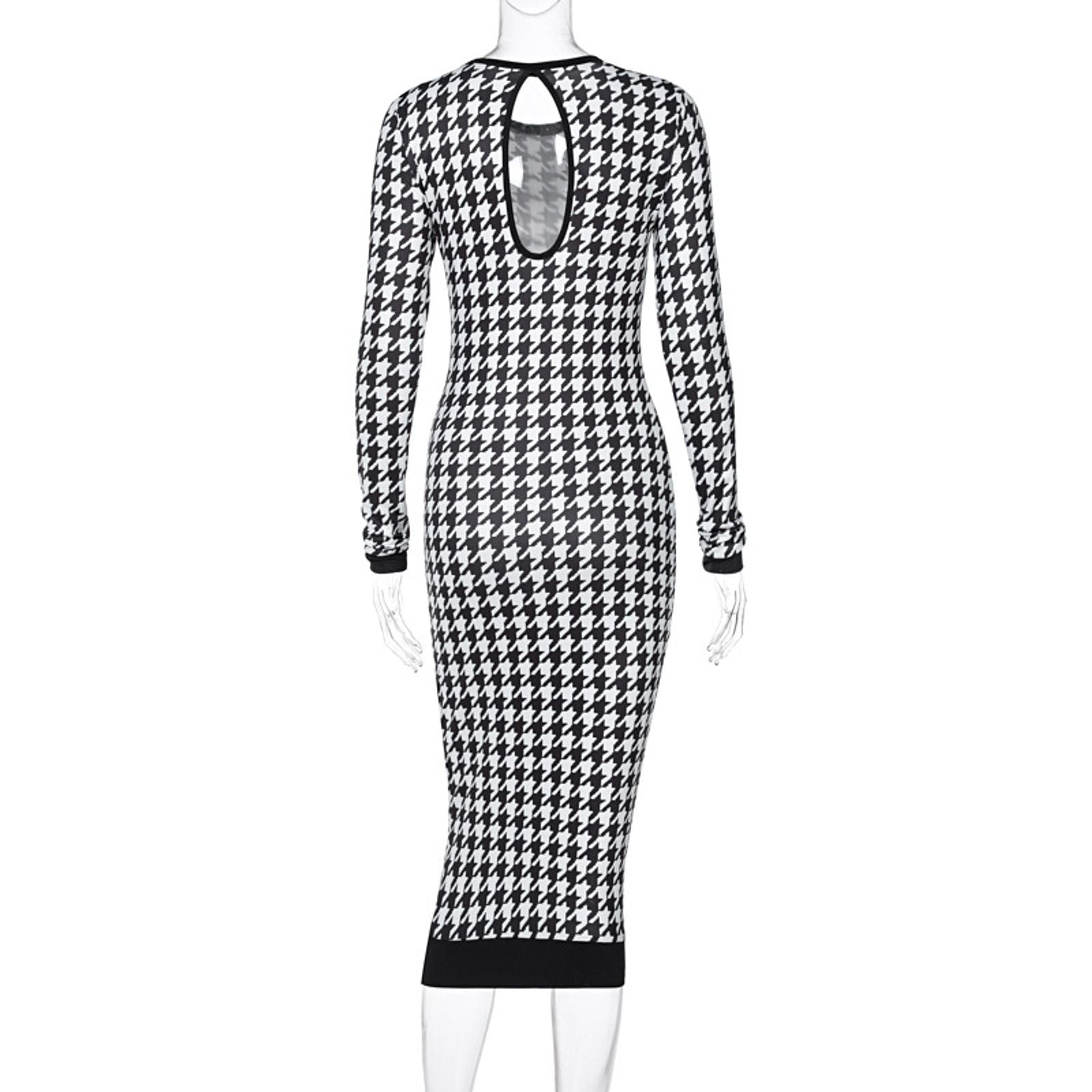 Houndstooth Print Long Sleeve Midi Dress for Women