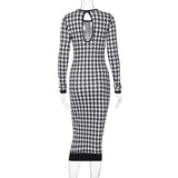Houndstooth Print Long Sleeve Midi Dress for Women