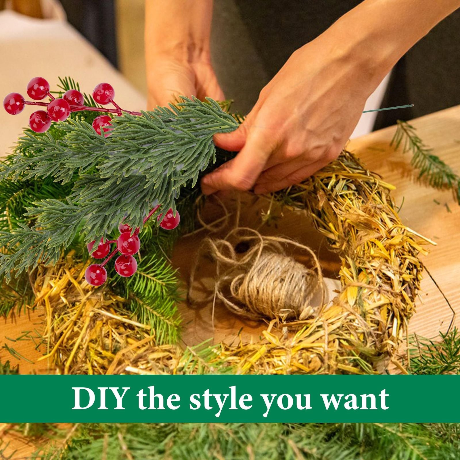 30pcs Artificial Pine Branches with Red Berry Stems