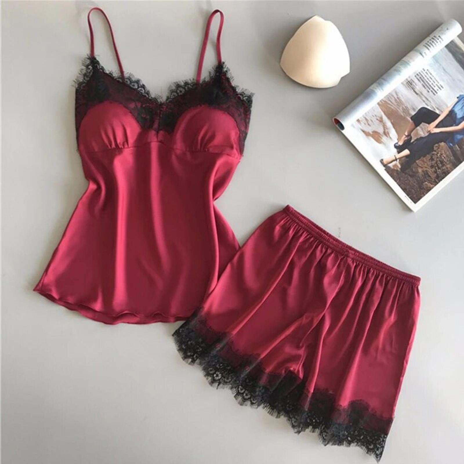 Women’s V-Neck Lace Pajama Suit with Shorts