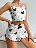 Womens 2PCS Heart Print Pajama Set - Sleeveless Crop Top & Shorts