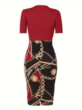 Women's Colorblock Chain Print Wrap Dress with Belt