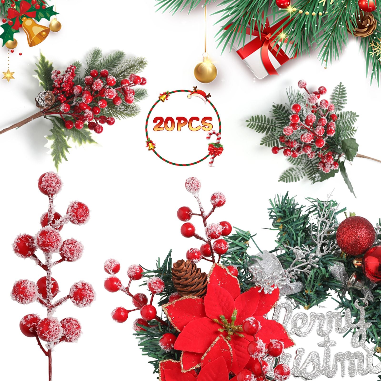 20PCS Snow Frosted Red Berry Stems for Holiday Decor