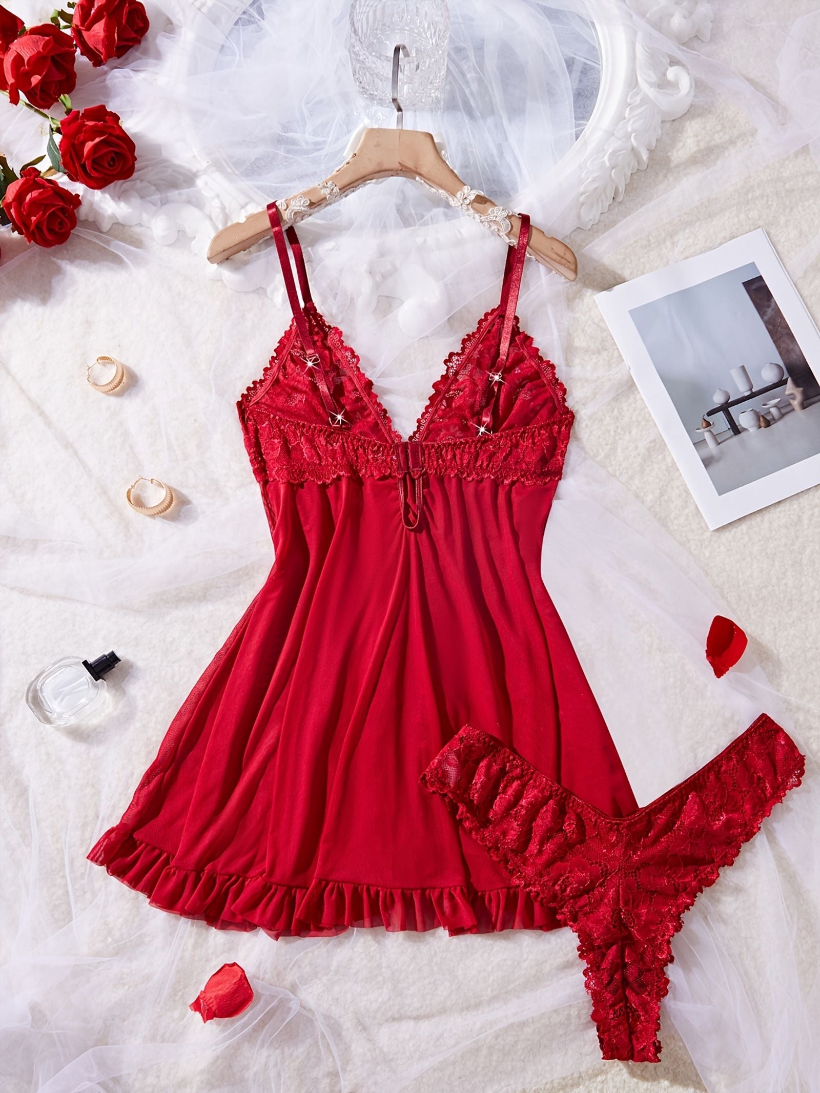 Romantic Red Lace Lingerie Set for Women