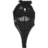 Mesh Patchwork Bodysuit - Halter Low-Neck Backless