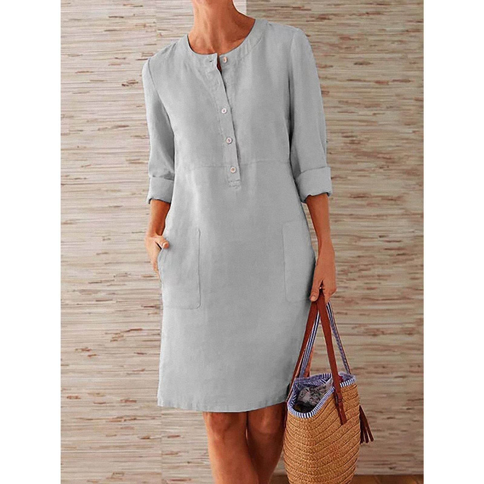 Women's Casual Long Sleeve Cotton Linen Tunic Dress