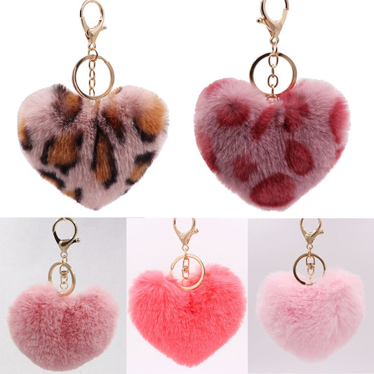 Pompom Heart Keychain - Leopard Pattern Plush Bag Charm
