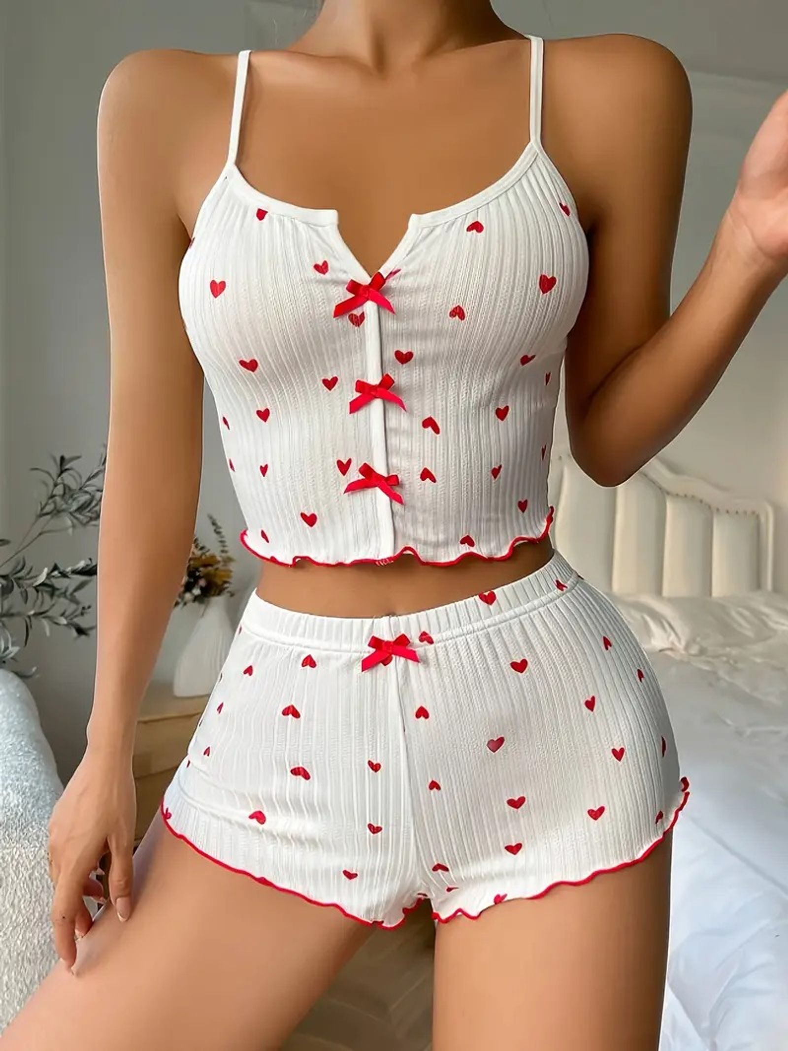 Women's Heart Print Pajamas Set with Frill Trim