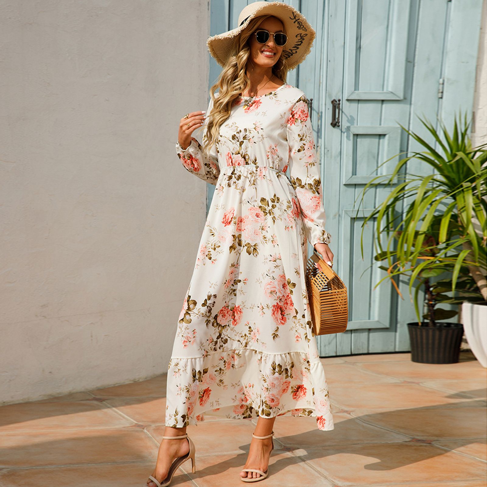 Women’s Bohemian Floral Maxi Dress with Full Sleeves