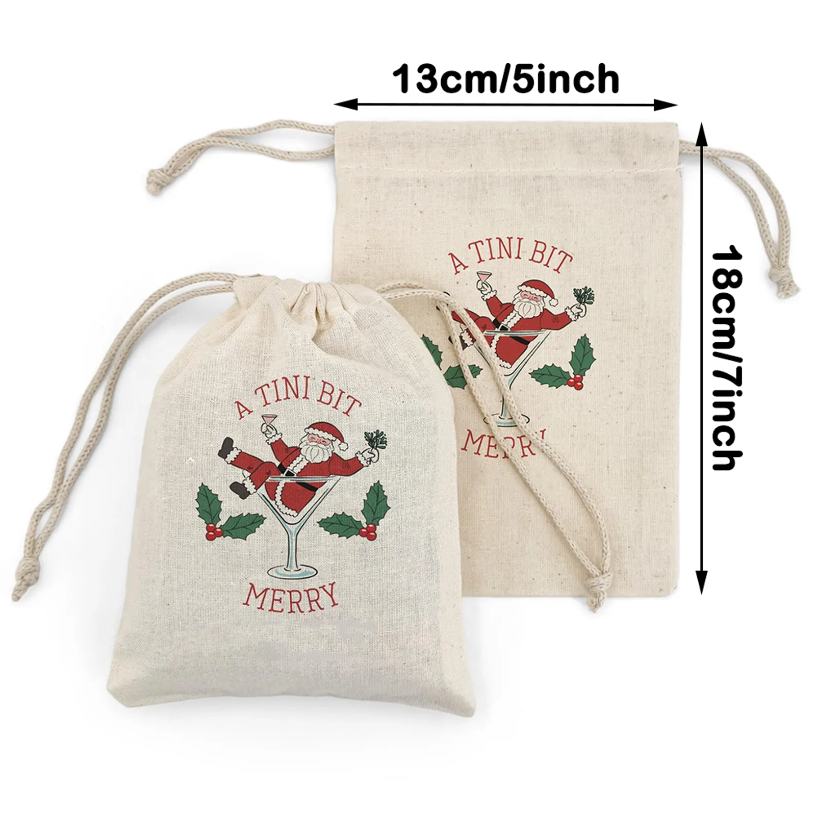 5-Piece Merry Santa in Martini Glass Drawstring Bags