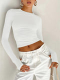 Womens Long Sleeve Crew Neck Crop Top with Thumb Holes