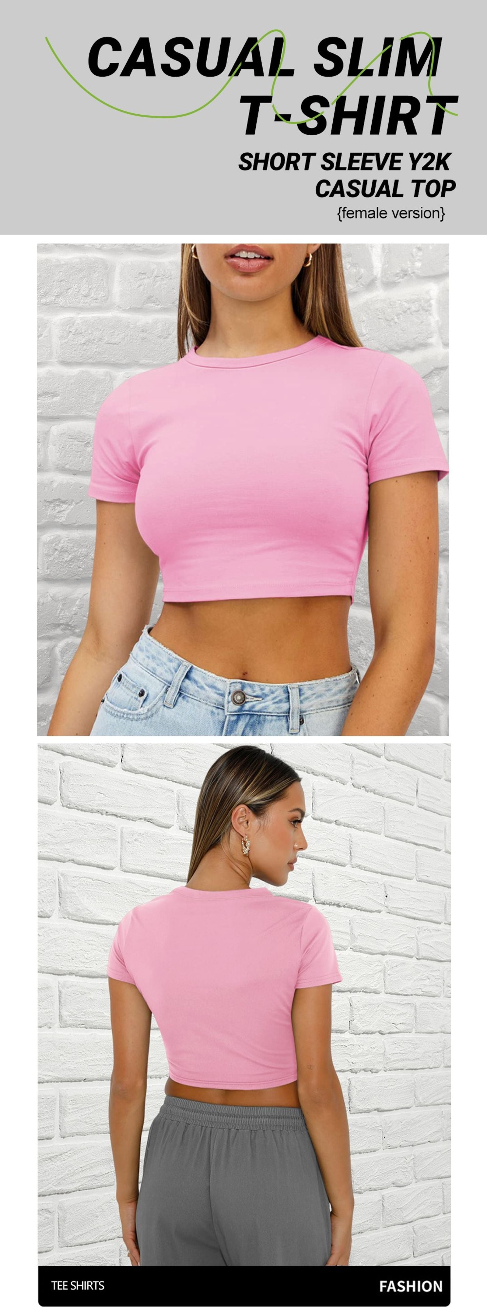 Y2K Women’s Solid Cotton Crop Top - Short Sleeve O-Neck Tee
