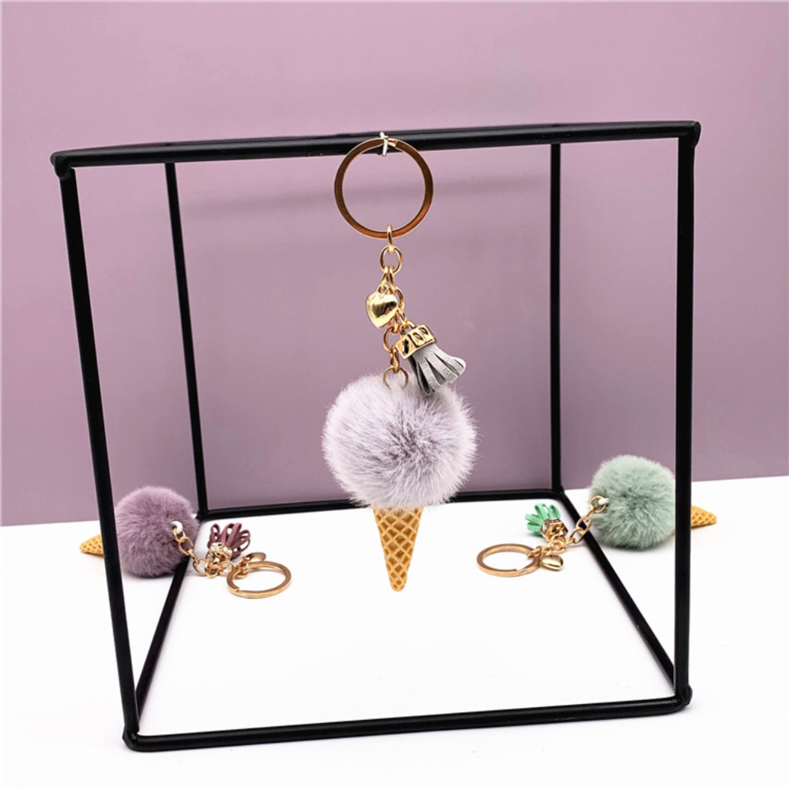 Ice Cream Plush Pompom Keychain for Bag or Jewelry