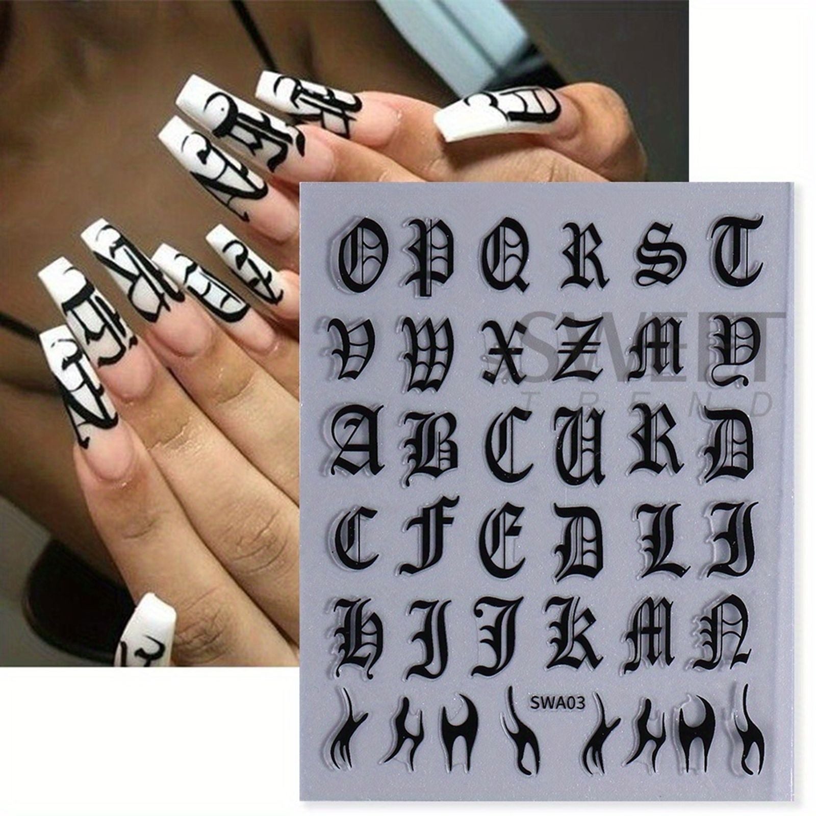 Gothic Letter Nail Stickers - 2 Pcs Black & White