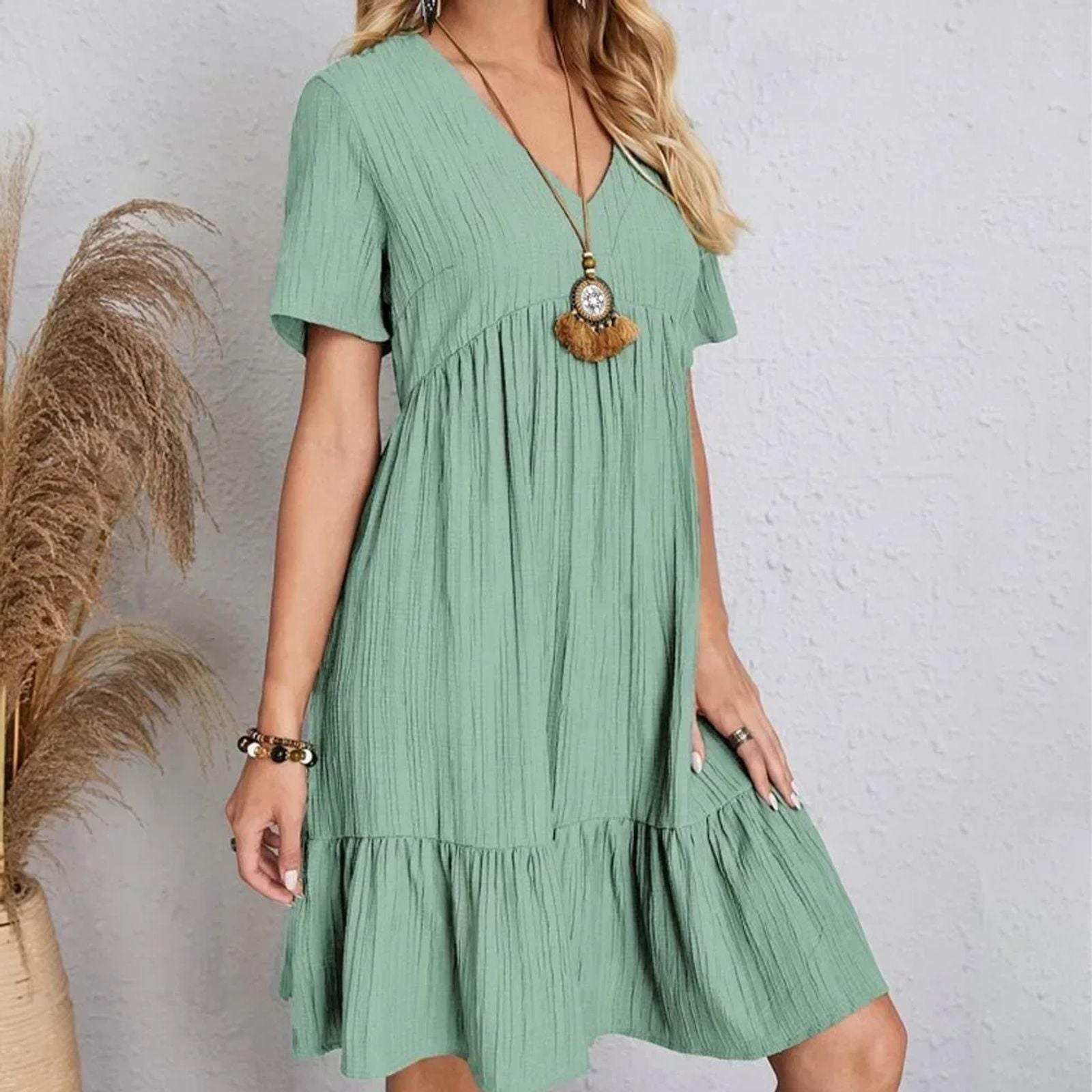 Women's Summer Peplum Dress with V-Neck and Ruffle Hem