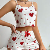 Womens 2PCS Heart Print Pajama Set - Sleeveless Crop Top & Shorts