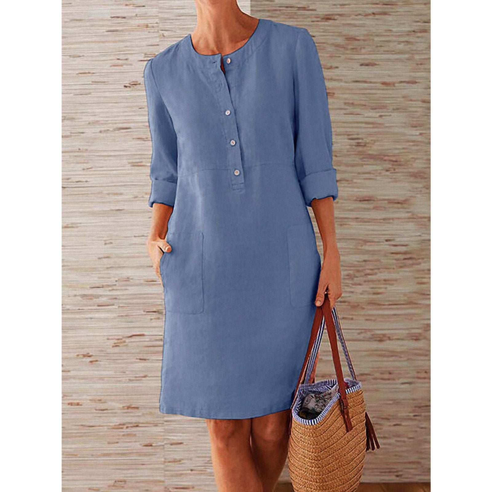 Women's Casual Long Sleeve Cotton Linen Tunic Dress