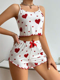 Womens 2PCS Heart Print Pajama Set - Sleeveless Crop Top & Shorts