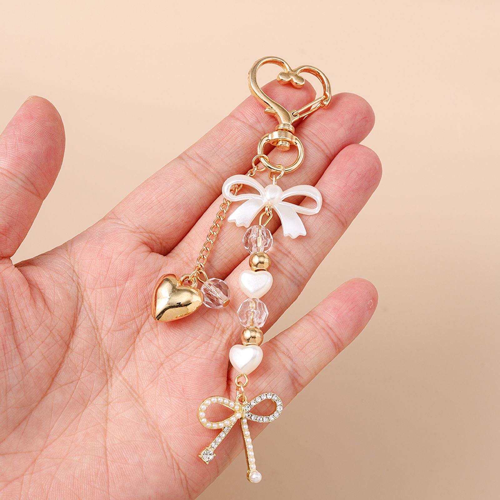 Cute Bowknot Love Heart Keychain with Crystal and Pearl