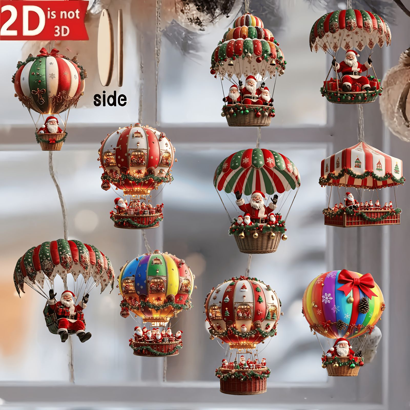 10 Pcs Christmas Wooden Hot Air Balloon and Santa Decoration