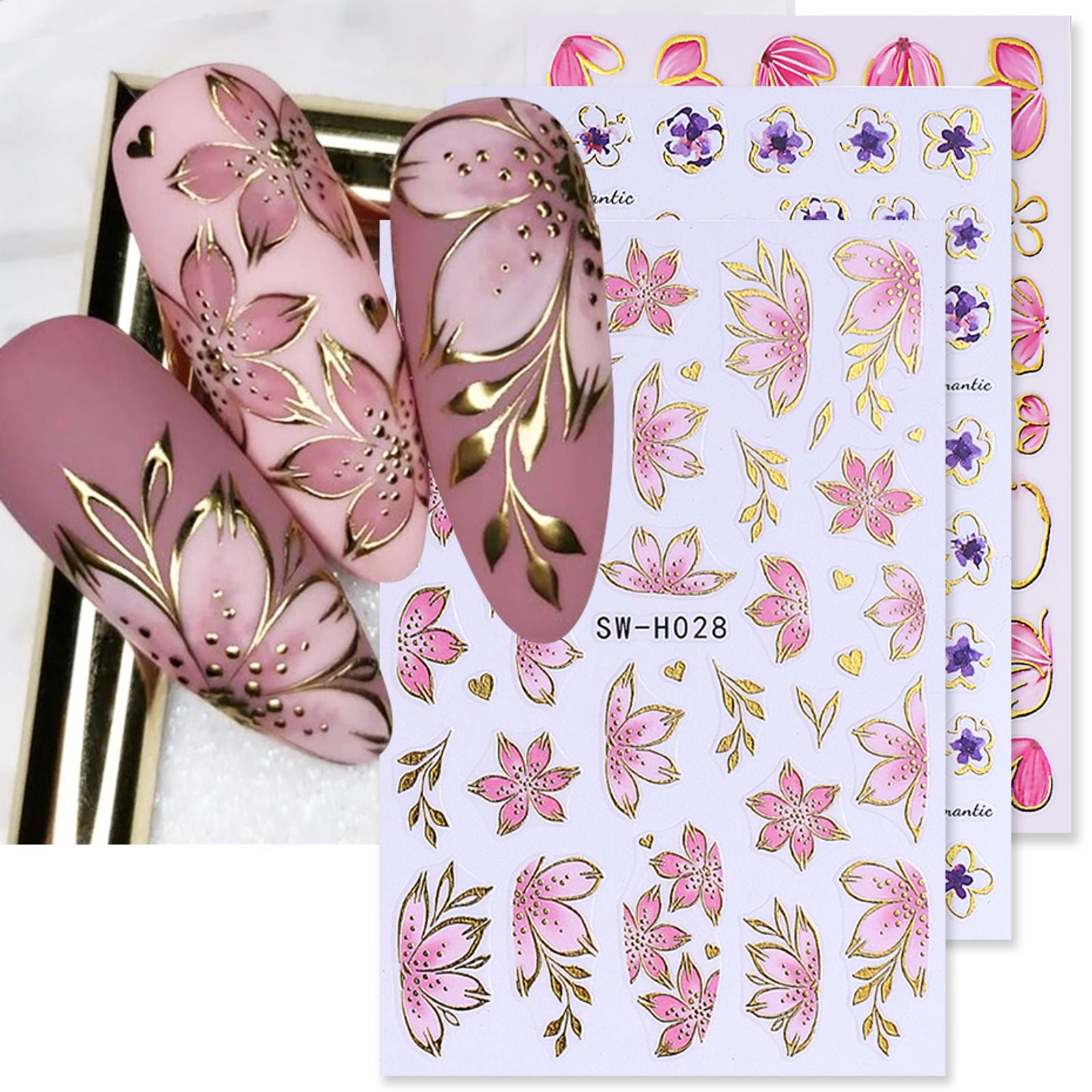 Golden Pink Hibiscus Flower Nail Stickers - 3D Decals