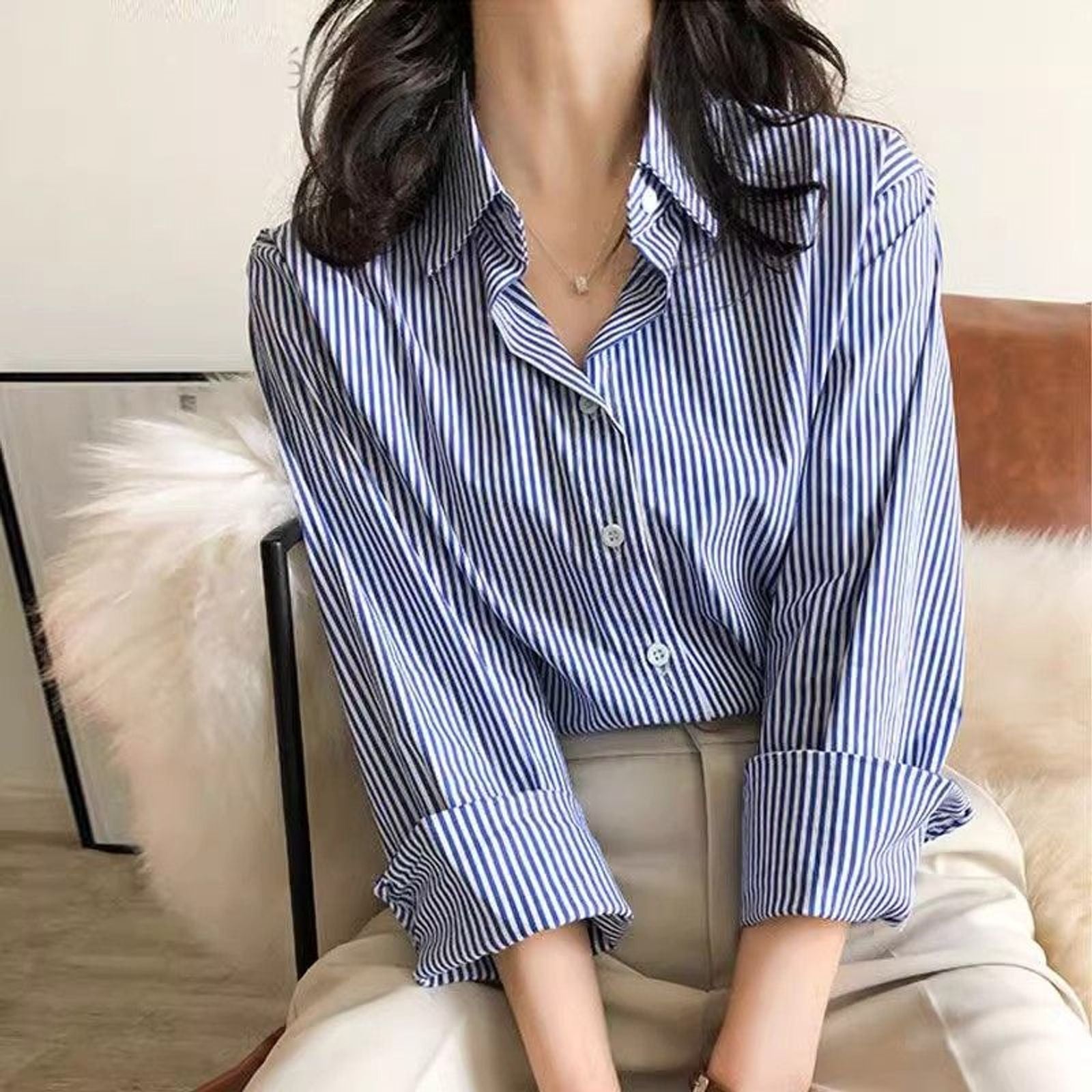 Classic Striped Long Sleeve Blouse for Women