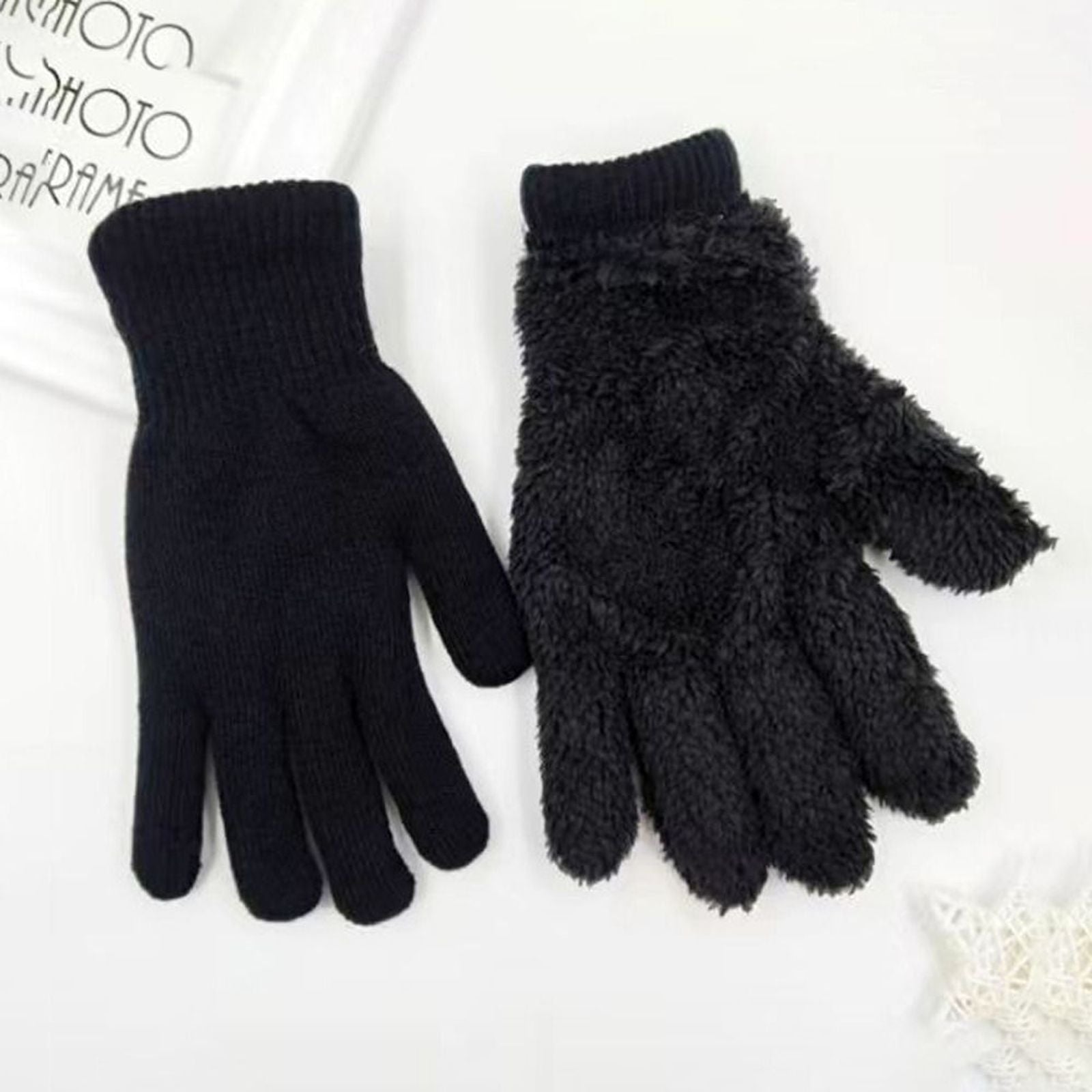 Black Thickened Double Layer Lamb Velvet Winter Gloves