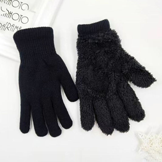 Black Thickened Double Layer Lamb Velvet Winter Gloves