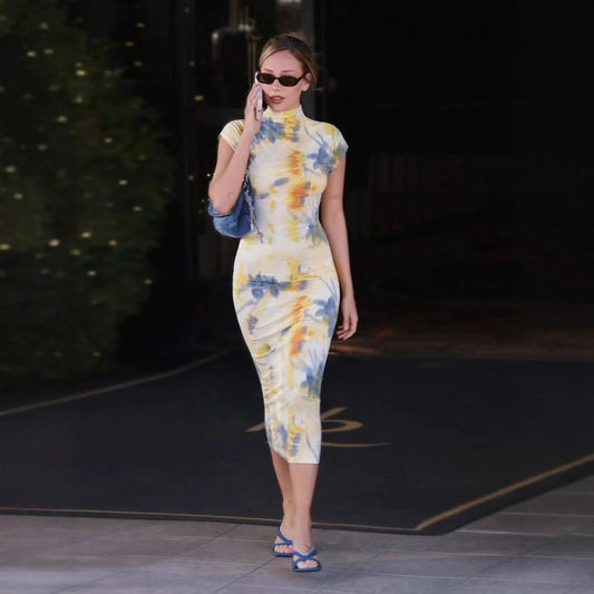 Elegant High Collar Slim Fit Summer Print Dress