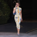 Elegant High Collar Slim Fit Summer Print Dress