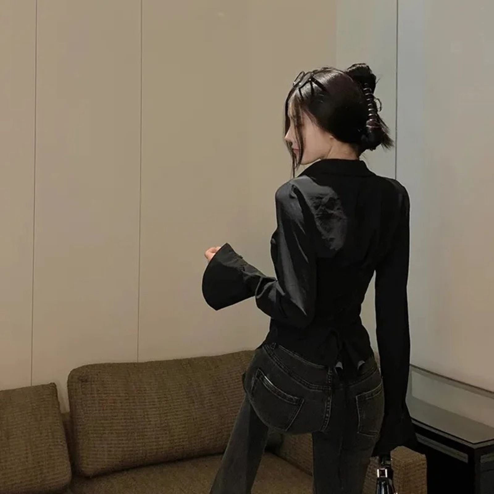 Korean Style Women’s Bell Sleeve Bandage Shirt