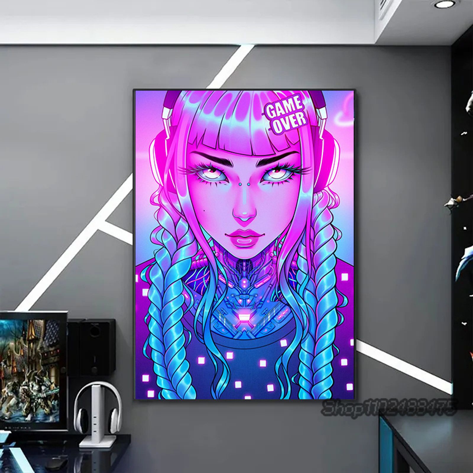 Cyber Punk Anime Neon Girl Canvas Art