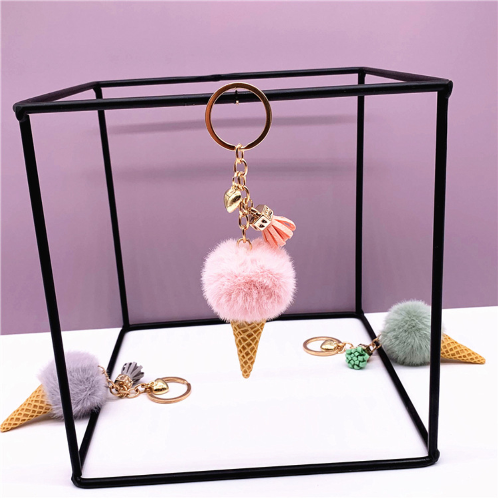 Ice Cream Plush Pompom Keychain for Bag or Jewelry
