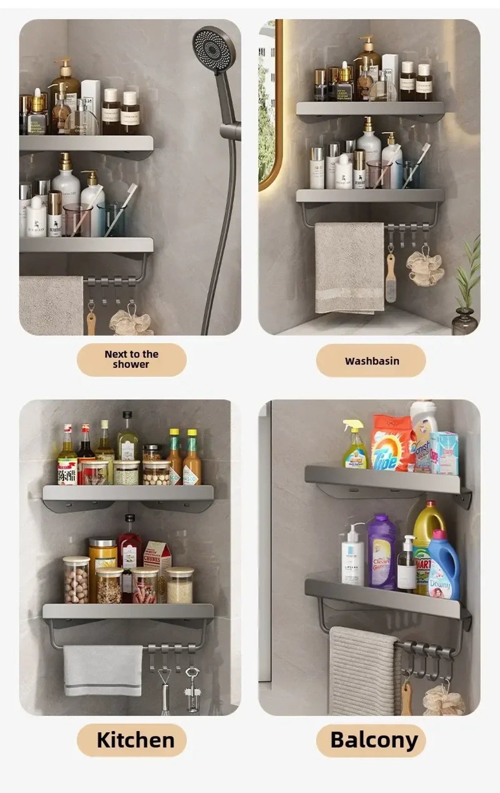 Wall-Mounted Triangle Drain Shelf with Hooks