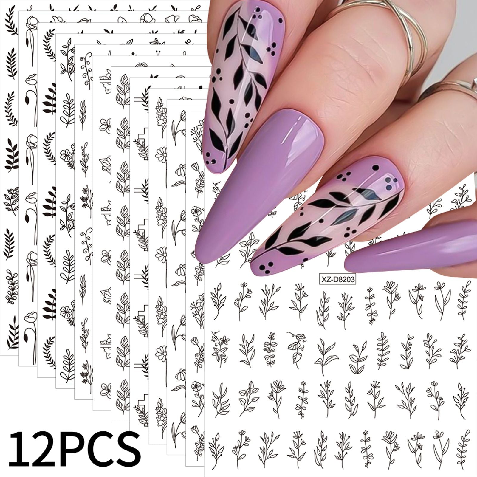 12pcs Self-Adhesive Laser Flower and Leaf Nail Art Stickers