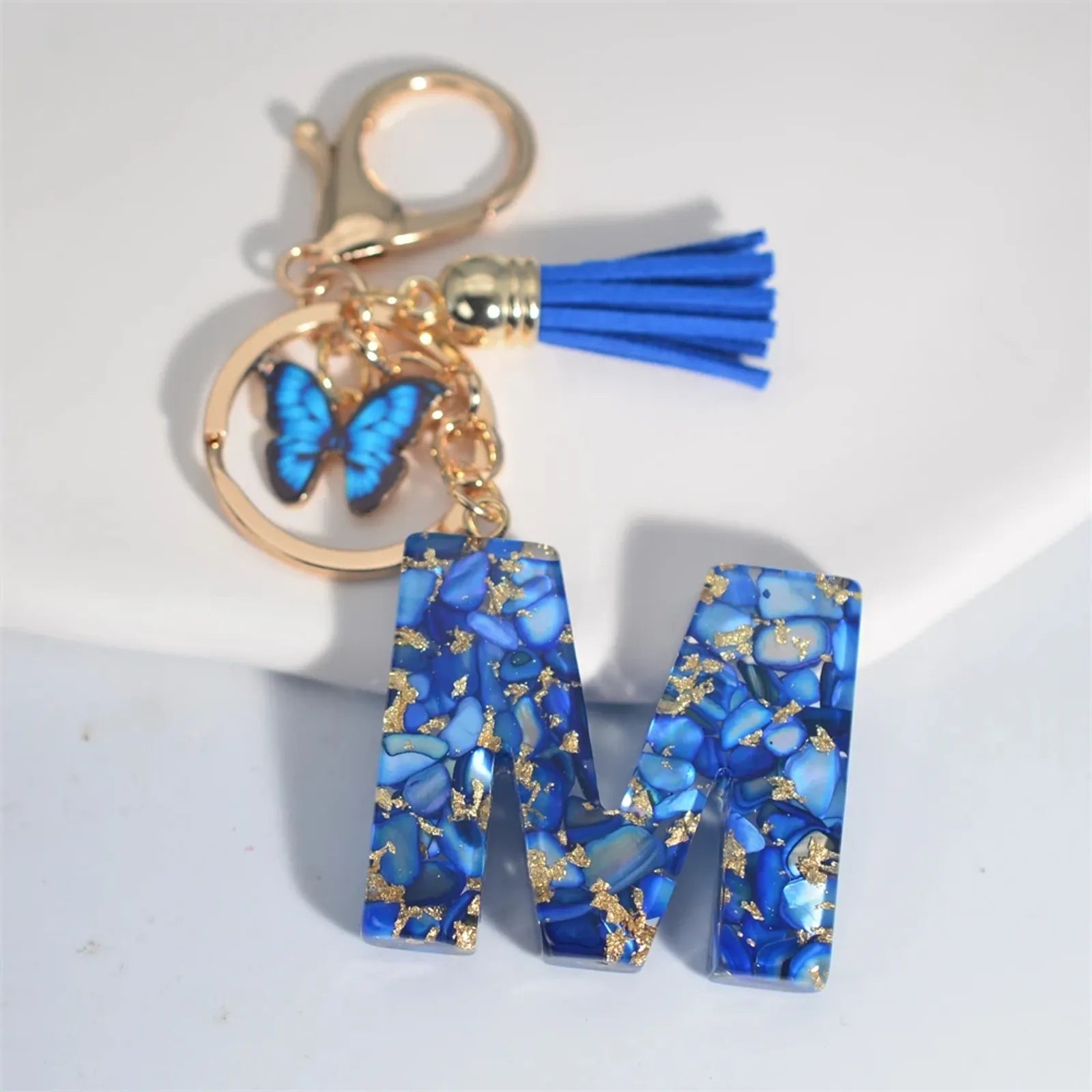 Blue Glazed Stone A-Z Letter Keychain with Butterfly Pendant