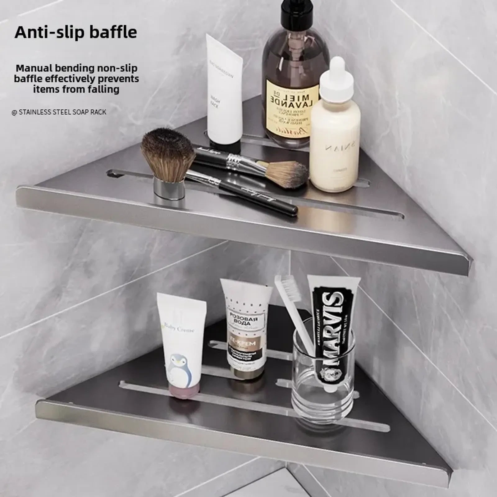 Wall-Mounted Triangle Drain Shelf with Hooks