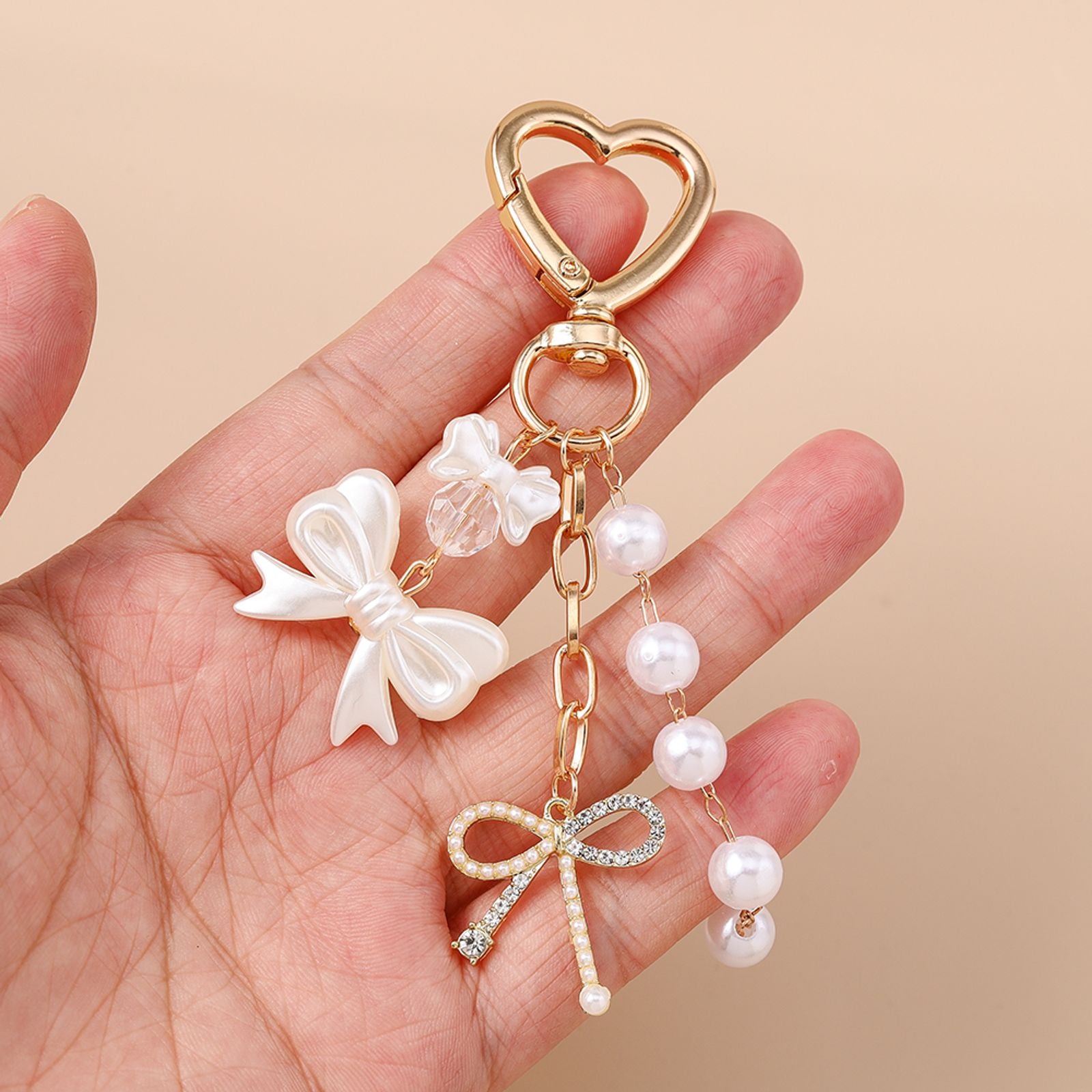 Cute Bowknot Love Heart Keychain with Crystal and Pearl