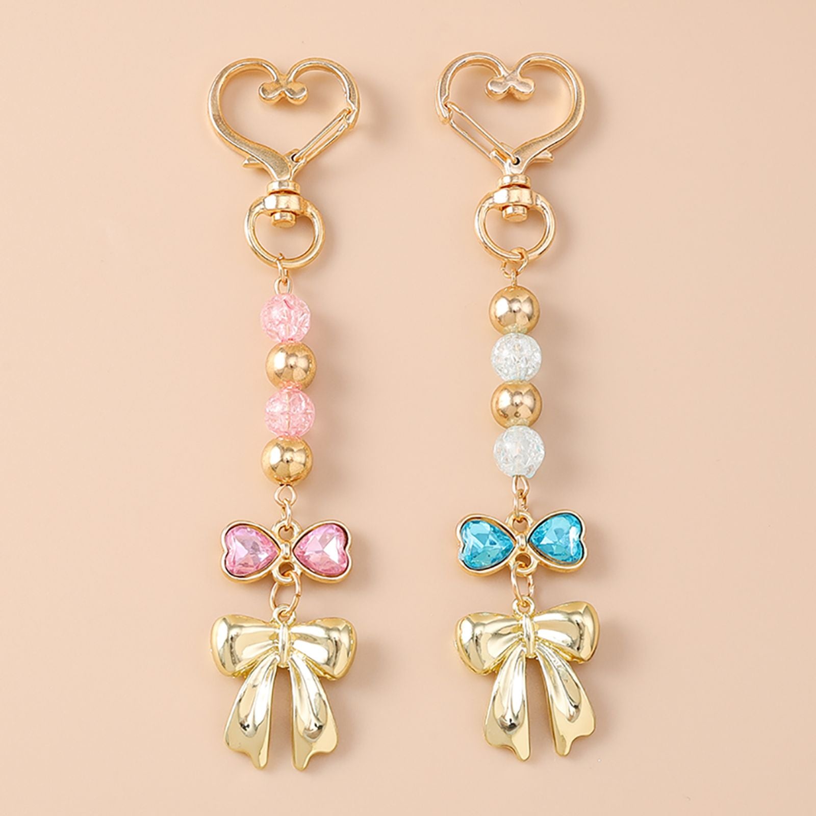 Cute Bowknot Love Heart Keychain with Crystal and Pearl