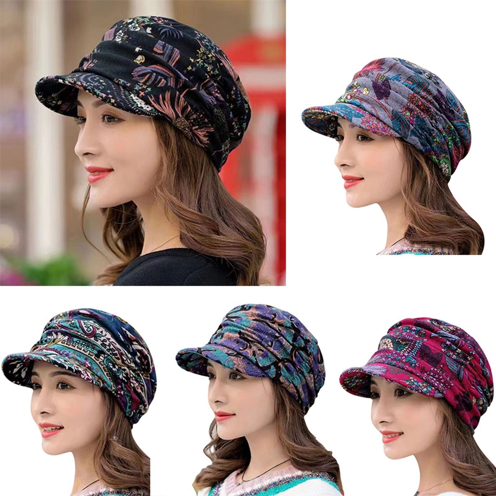 Women’s Peaked Cap with Earflaps - Floral Print