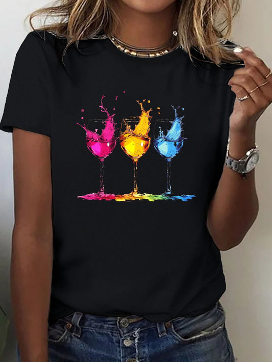 Wine Glass Print Crew Neck T-shirt for Women