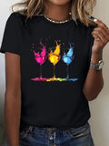 Wine Glass Print Crew Neck T-shirt for Women