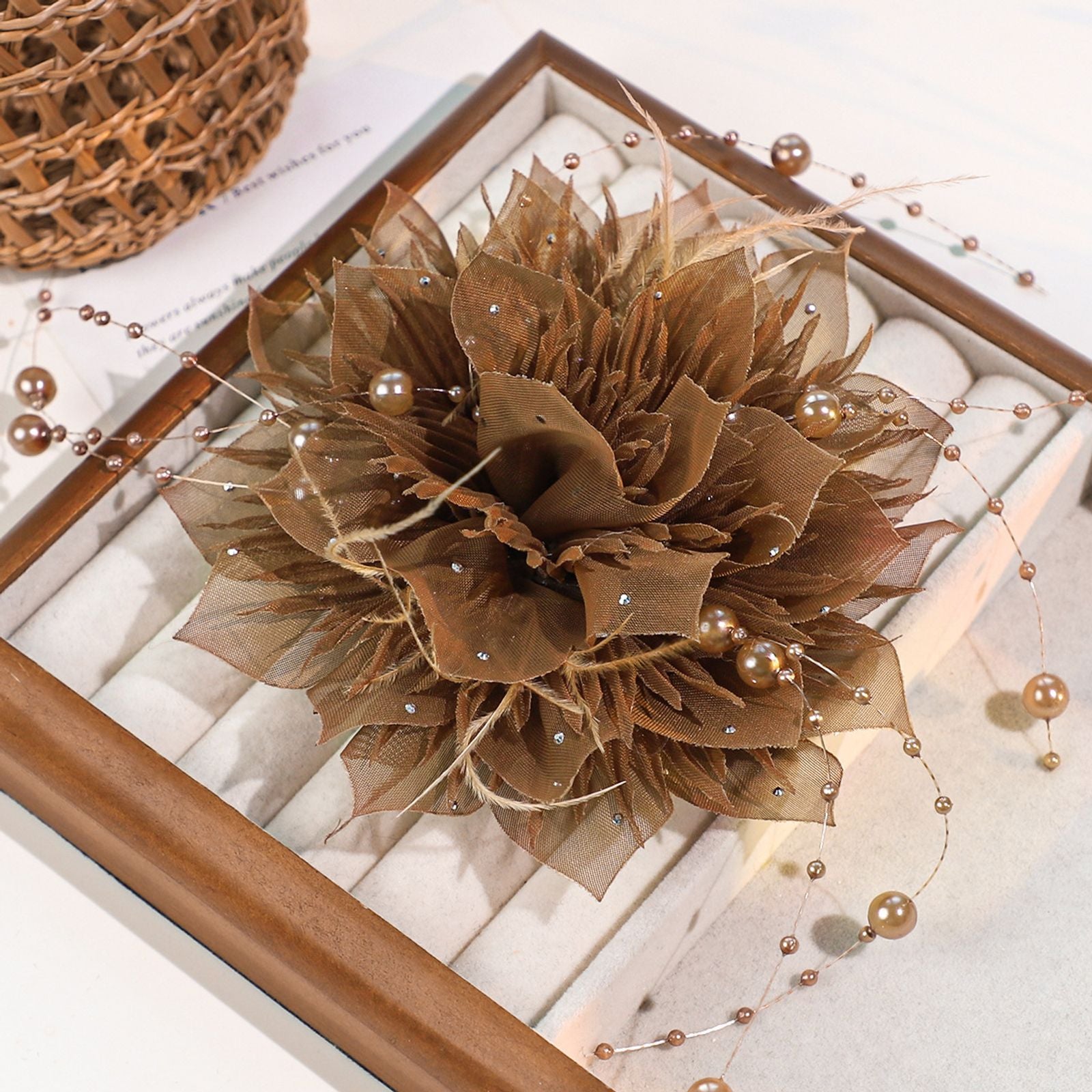 Handmade Floral Feather Brooch with Pearl Tassel