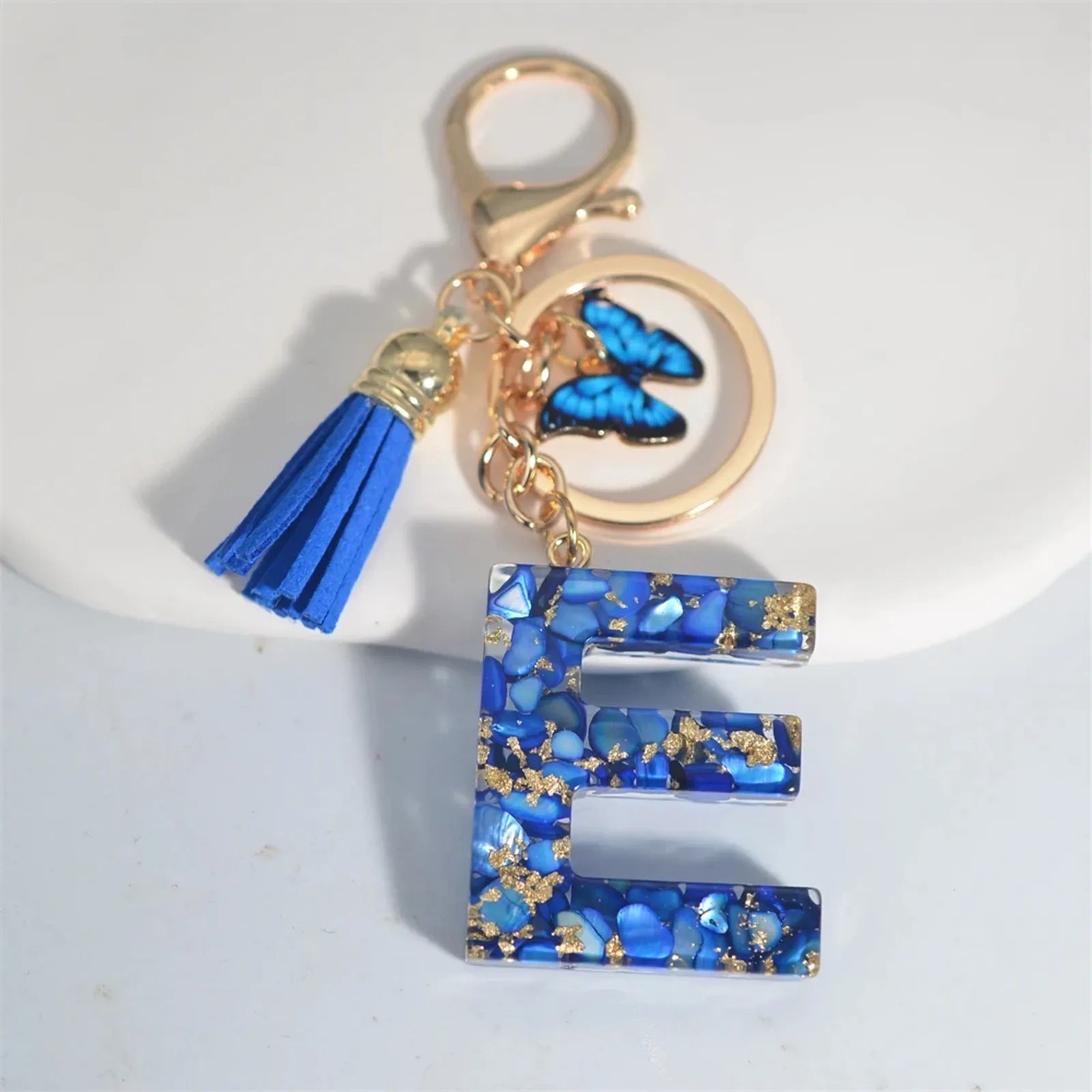 Blue Glazed Stone A-Z Letter Keychain with Butterfly Pendant
