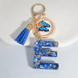 Blue Glazed Stone A-Z Letter Keychain with Butterfly Pendant
